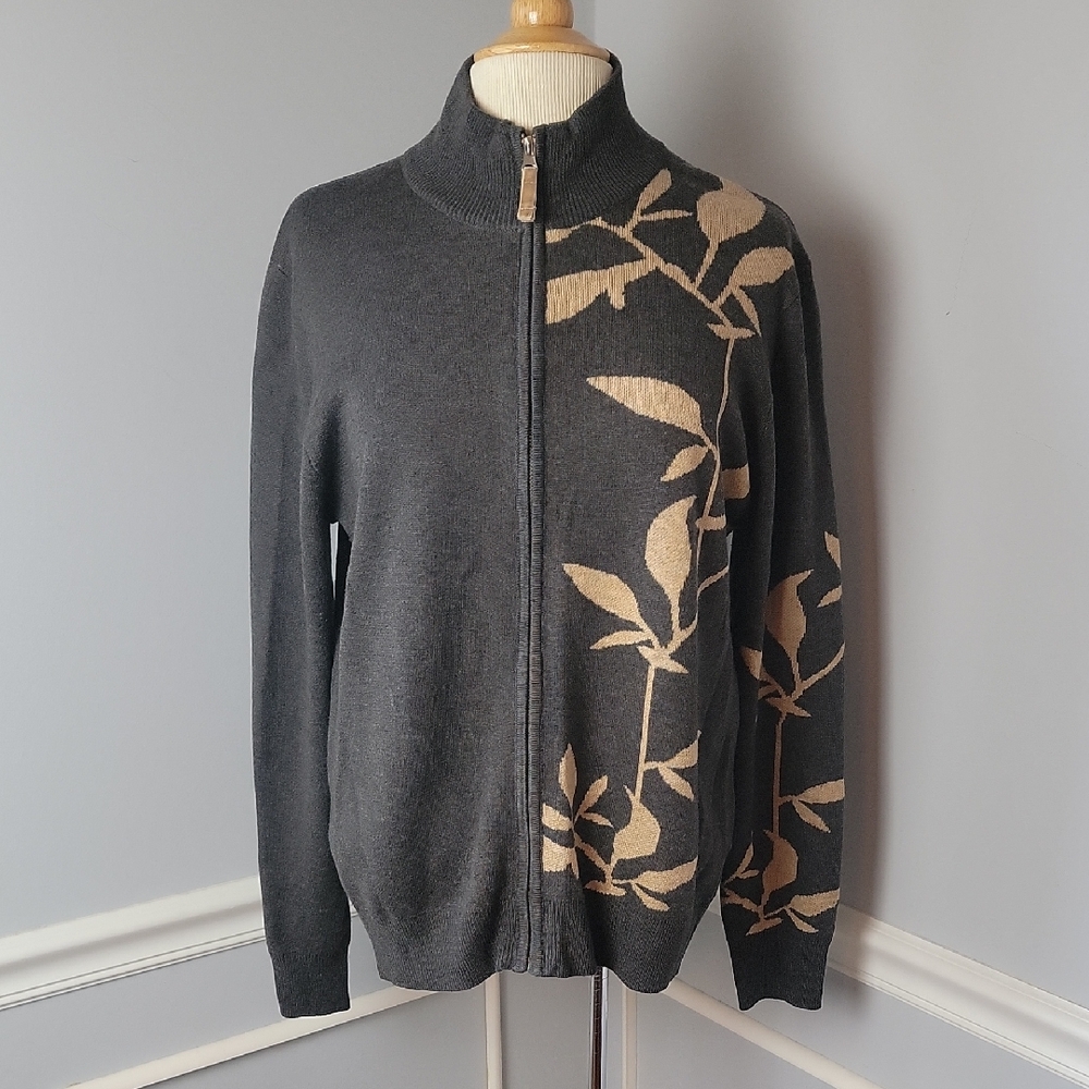 JOSEPH A. Gray Tan‎ Full Zip Mock Collar Bamboo Foliage Print Cardigan Sweater L